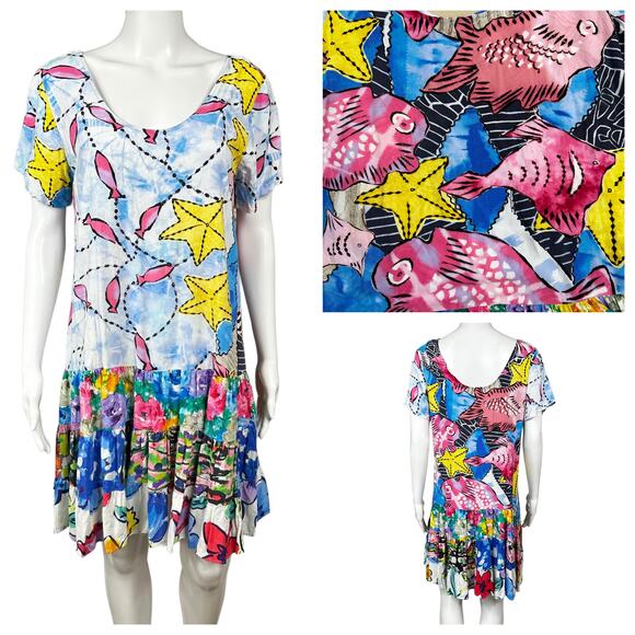 Jams World Dresses & Skirts - Vintage Jams World Sun Dress Small Hattie Fishtastic Fish Print Beachy Colorful